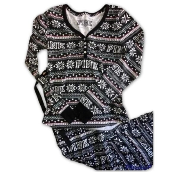 Victoria's Secret Pink Thermal Henley Pajama Set Long Sleeves Holiday Christmas - Picture 6 of 8